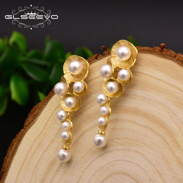 GLSEEVO Fashionable White Shell Pearl Drop Earrings For Women Female Handmade Plant Wedding Dangle Earring Jewelry Brinco GE0330