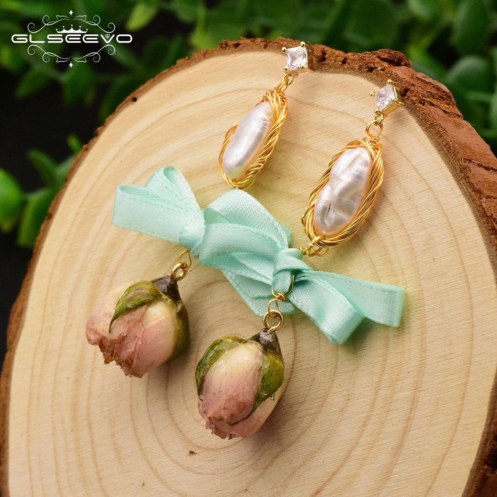 GLSEEVO Natural Fresh Water Baroque Pearl Dangle Earring Flower Drop Earrings Gifts For Women Fine Jewelry Customizable GE0492 - Image 2