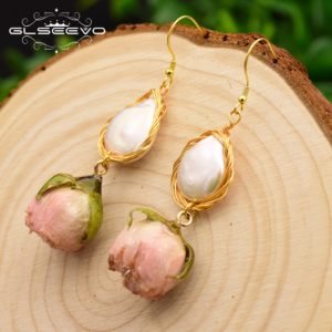 GLSEEVO Natural Fresh Water Baroque Pearl Dangle Earring Flower Drop Earrings Gifts For Women Fine Jewelry Customizable GE0492