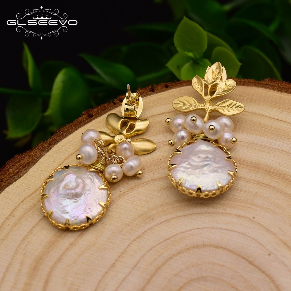 GLSEEVO Natural Fresh Water Baroque Pearl Drop Earrings Women Plant Leaves Dangle Earrings Luxury Handmade Fine Jewelry GE0308 - Image 2