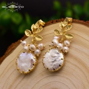 GLSEEVO Natural Fresh Water Baroque Pearl Drop Earrings Women Plant Leaves Dangle Earrings Luxury Handmade Fine Jewelry GE0308