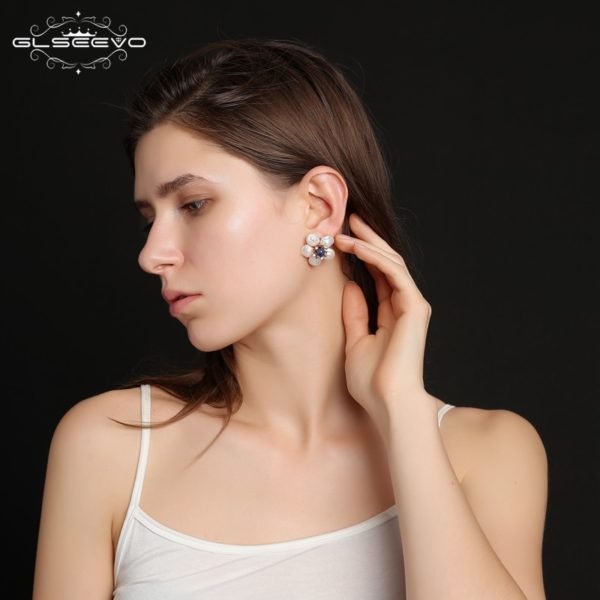 GLSEEVO Natural Fresh Water Baroque Pearl Lapis Lazuli Flower 925 Sterling Silver Stud Earring For Women Fine Jewellery GE0598 - Image 5