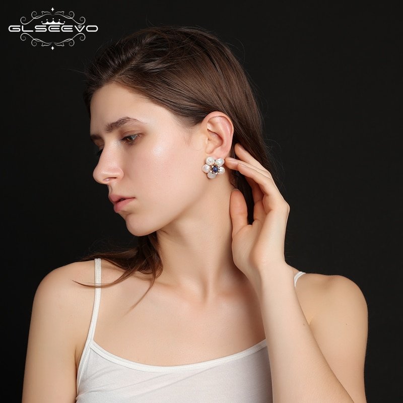 GLSEEVO Natural Fresh Water Baroque Pearl Lapis Lazuli Flower 925 Sterling Silver Stud Earring For Women Fine Jewellery GE0598 - Image 5