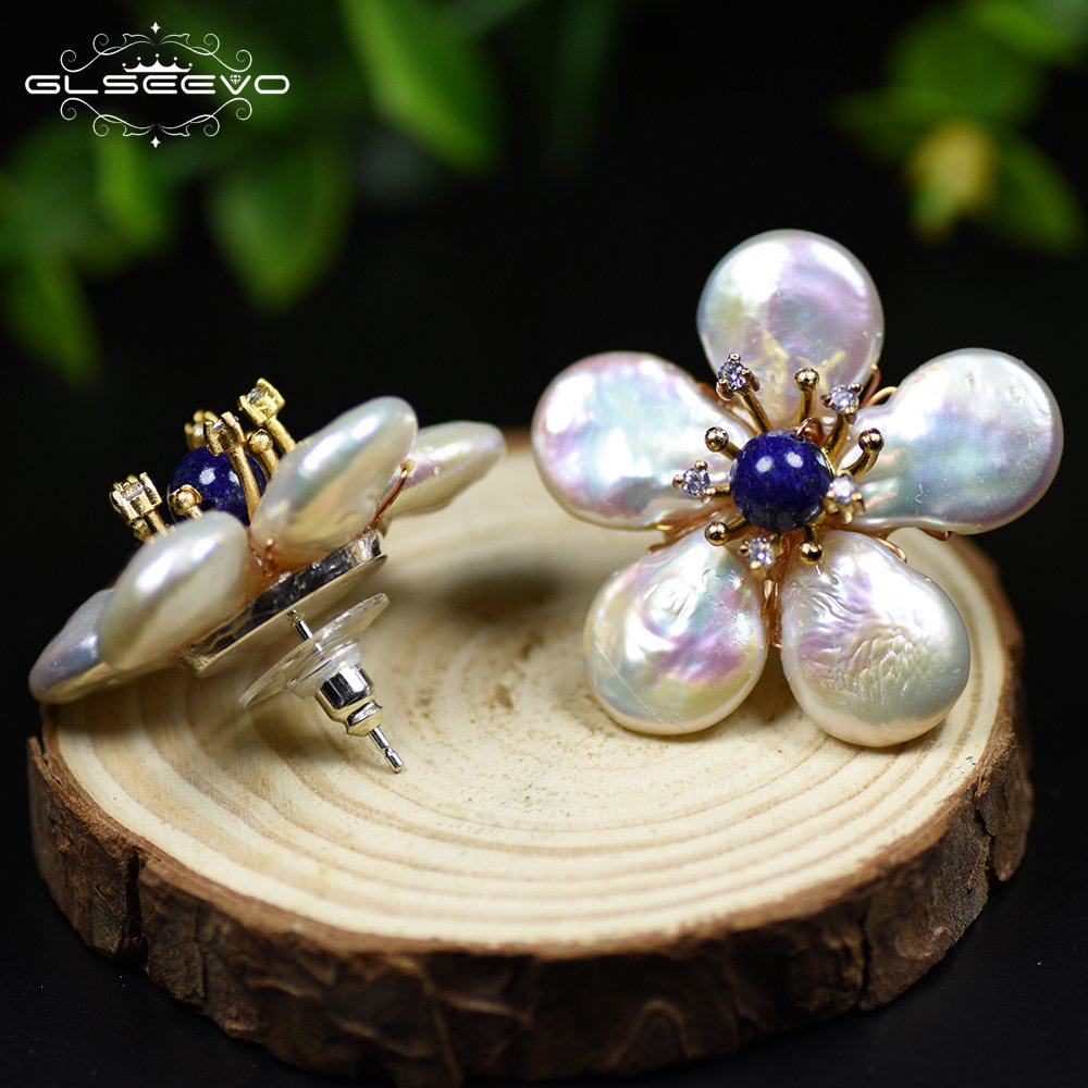 GLSEEVO Natural Fresh Water Baroque Pearl Lapis Lazuli Flower 925 Sterling Silver Stud Earring For Women Fine Jewellery GE0598