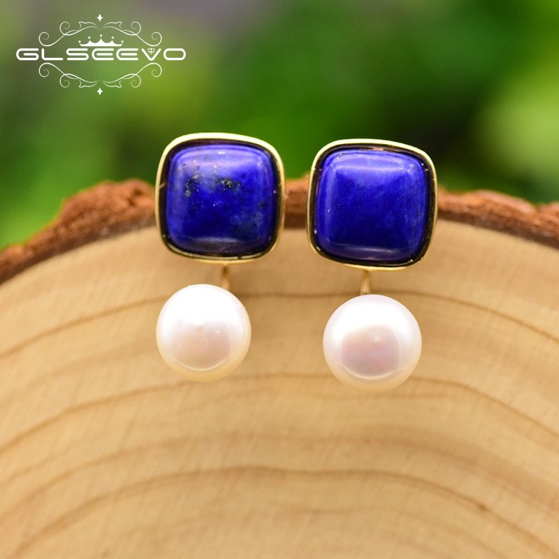 GLSEEVO Natural Square Lapis Lazuli Fresh Water Pearl Drop Earrings For Women 925 Silver Ear Pin Handmade Fine Jewelry GE0327 - Image 2