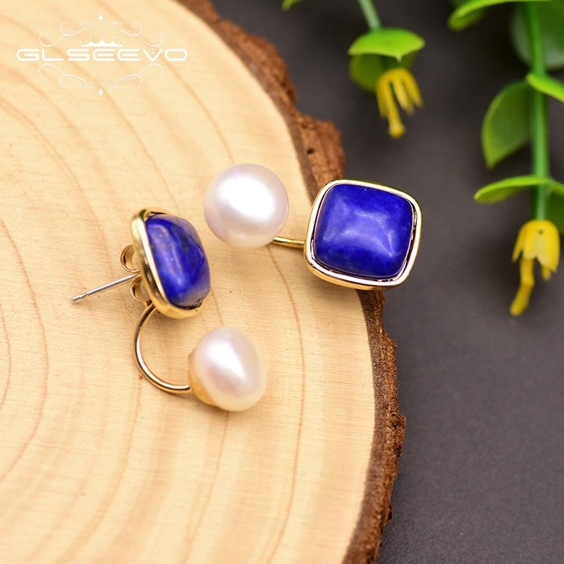 GLSEEVO Natural Square Lapis Lazuli Fresh Water Pearl Drop Earrings For Women 925 Silver Ear Pin Handmade Fine Jewelry GE0327 - Image 3