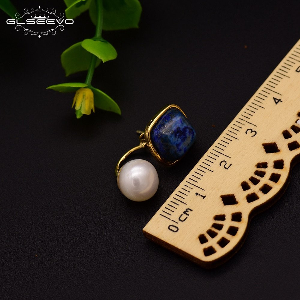 GLSEEVO Natural Square Lapis Lazuli Fresh Water Pearl Drop Earrings For Women 925 Silver Ear Pin Handmade Fine Jewelry GE0327 - Image 4