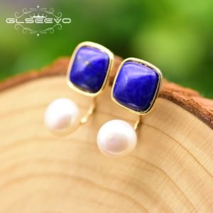 GLSEEVO Natural Square Lapis Lazuli Fresh Water Pearl Drop Earrings For Women 925 Silver Ear Pin Handmade Fine Jewelry GE0327