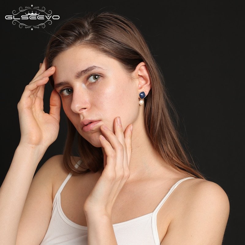 GLSEEVO Natural Square Lapis Lazuli Fresh Water Pearl Drop Earrings For Women 925 Silver Ear Pin Handmade Fine Jewelry GE0327 - Image 5
