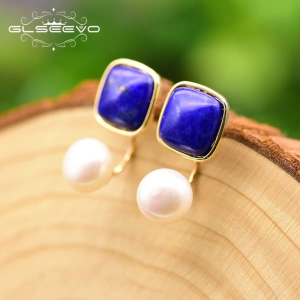 GLSEEVO Natural Square Lapis Lazuli Fresh Water Pearl Drop Earrings For Women 925 Silver Ear Pin Handmade Fine Jewelry GE0327