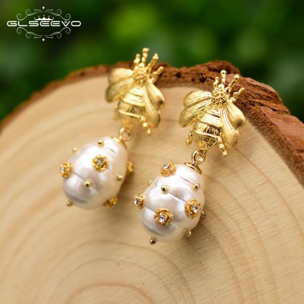 GLSEEVO Original Design Natural Shell Beads Drop Earrings For Women Gift Bee Dangle Earrings Luxury Fine Jewlery GE0665