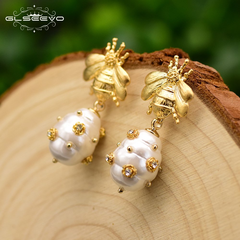 GLSEEVO Original Design Natural Shell Beads Drop Earrings For Women Gift Bee Dangle Earrings Luxury Fine Jewlery GE0665