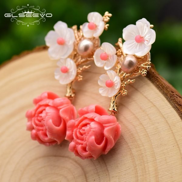 GLSEEVO Real 925 Sterling Silver Pink Coral Drop Earrings White Pearl Pink Natural Stone Shell Flower Dangle Earrings GE0024 - Image 2