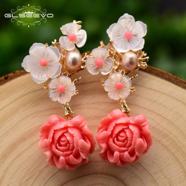GLSEEVO Real 925 Sterling Silver Pink Coral Drop Earrings White Pearl Pink Natural Stone Shell Flower Dangle Earrings GE0024 - Image 3