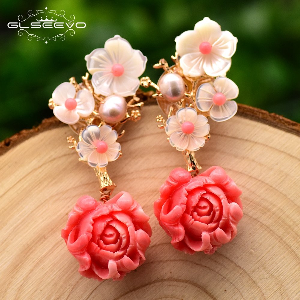GLSEEVO Real 925 Sterling Silver Pink Coral Drop Earrings White Pearl Pink Natural Stone Shell Flower Dangle Earrings GE0024 - Image 4
