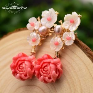 GLSEEVO Real 925 Sterling Silver Pink Coral Drop Earrings White Pearl Pink Natural Stone Shell Flower Dangle Earrings GE0024