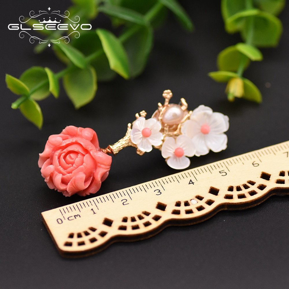 GLSEEVO Real 925 Sterling Silver Pink Coral Drop Earrings White Pearl Pink Natural Stone Shell Flower Dangle Earrings GE0024 - Image 5