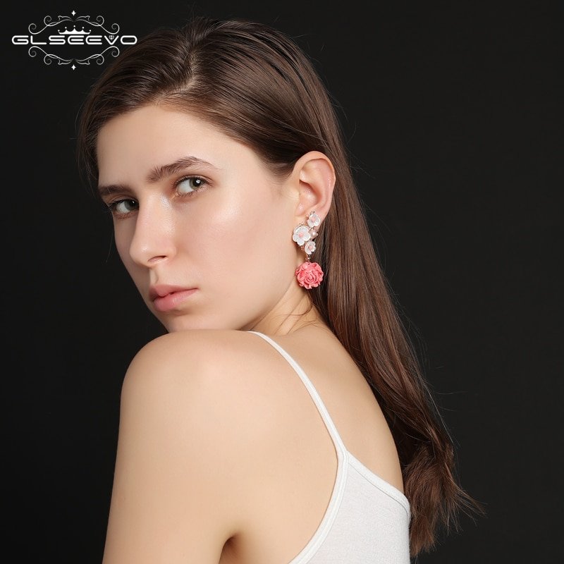 GLSEEVO Real 925 Sterling Silver Pink Coral Drop Earrings White Pearl Pink Natural Stone Shell Flower Dangle Earrings GE0024 - Image 6