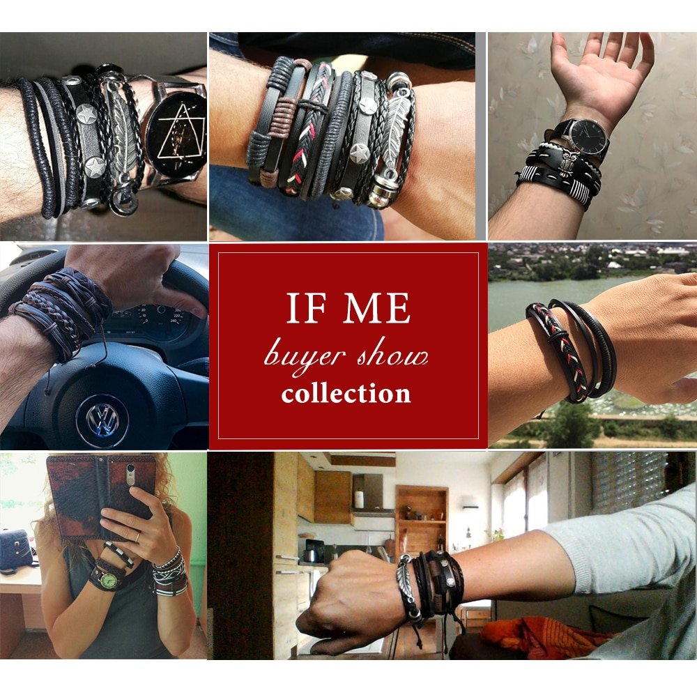 IF ME Vintage Leaf Feather Multilayer Leather Bracelet Men Fashion Braided Handmade Star Rope Wrap Bracelets & Bangles Male Gift - Image 2