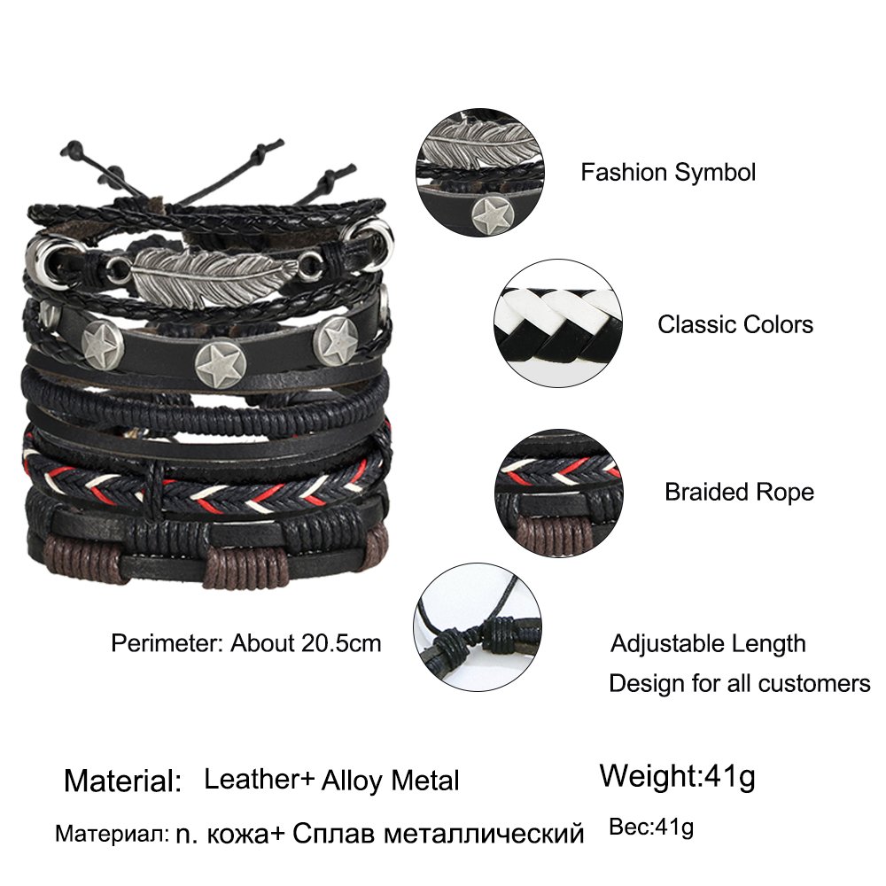 IF ME Vintage Leaf Feather Multilayer Leather Bracelet Men Fashion Braided Handmade Star Rope Wrap Bracelets & Bangles Male Gift - Image 6
