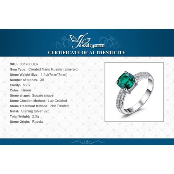 JewelryPalace Cushion 1.8ct Created Nano Russian Emerald Solitaire Engagement Rings 925 Sterling Silver Rings Fine Jewelry - Image 6