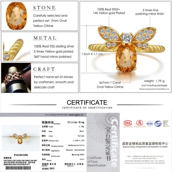 LAMOON Bee 5x7mm 1ct Natural Oval Citrine 925 Sterling Silver Jewelry Wedding Ring with 14K Gold Plated S925 For Women LMRI019 - Image 5