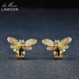 LAMOON Bee 6x4mm 100% Natural Citrine 925 sterling-silver-jewelry 14K Yellow Gold Plated Stud Earring S925 LMEI041