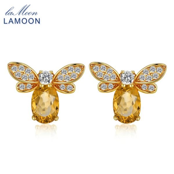 LAMOON Bee 6x4mm 100% Natural Citrine 925 sterling-silver-jewelry 14K Yellow Gold Plated Stud Earring S925 LMEI041 - Image 5