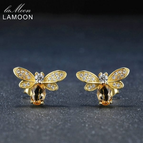 LAMOON Bee 6x4mm 100% Natural Citrine 925 sterling-silver-jewelry 14K Yellow Gold Plated Stud Earring S925 LMEI041