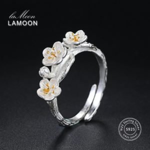 LAMOON Wiredrawing 2 Colors Plum Flower S925 Adjustable Rings 925 Sterling Silver Fine Jewelry for Women Anti Allergy LMRY009