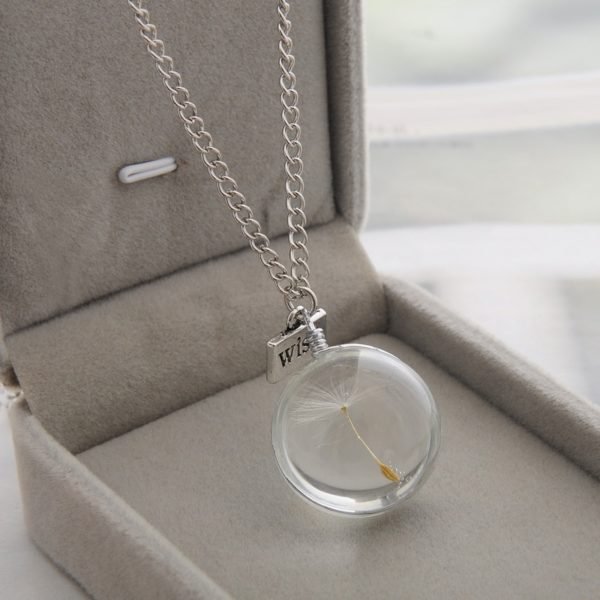 LKO Fashion Necklaces Wish Real Dandelion Crystal Necklace Glass Round Pendants Necklace Silver Chain Choker Necklace For Women