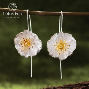 Lotus Fun Real 925 Sterling Silver Handmade Fine Jewelry Blooming Poppies Flower Dangle Earrings for Women