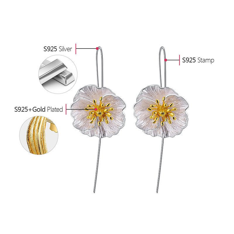 Lotus Fun Real 925 Sterling Silver Handmade Fine Jewelry Blooming Poppies Flower Dangle Earrings for Women - Image 6