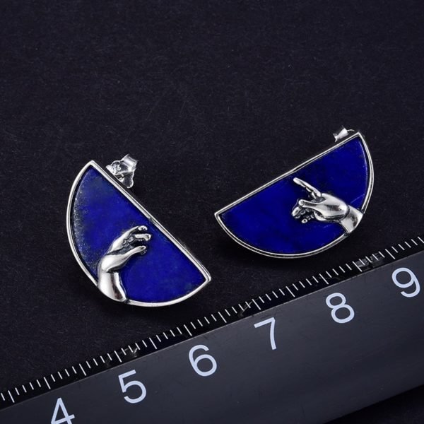 Lotus Fun Real 925 Sterling Silver Handmade Natural Lapis Lazuli Fine Jewelry Hand of God from The Creation of Adam Stud Earring - Image 4