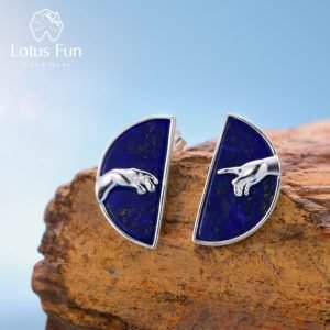 Lotus Fun Real 925 Sterling Silver Handmade Natural Lapis Lazuli Fine Jewelry Hand of God from The Creation of Adam Stud Earring