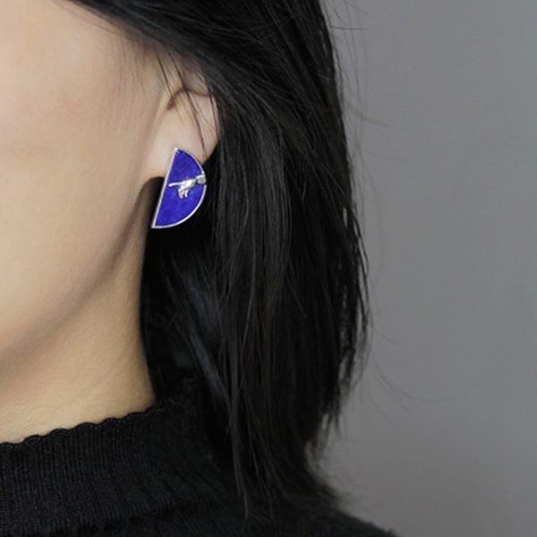 Lotus Fun Real 925 Sterling Silver Handmade Natural Lapis Lazuli Fine Jewelry Hand of God from The Creation of Adam Stud Earring - Image 5