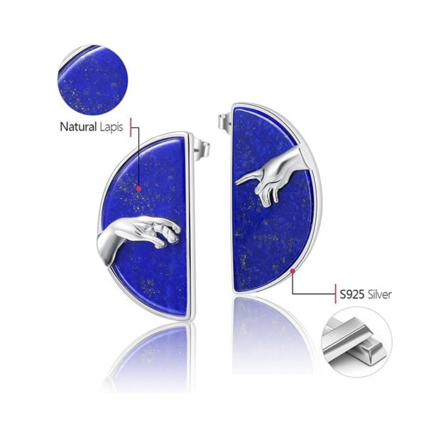 Lotus Fun Real 925 Sterling Silver Handmade Natural Lapis Lazuli Fine Jewelry Hand of God from The Creation of Adam Stud Earring - Image 6