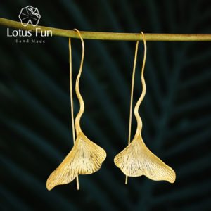Lotus Fun Real 925 Sterling Silver Natural Handmade Designer Fine Jewelry Vintage Ginkgo Leaf Drop Earrings for Women Brincos