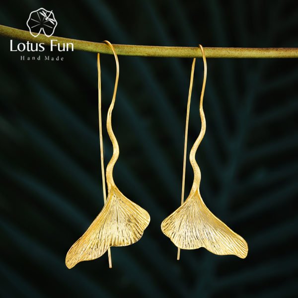 Lotus Fun Real 925 Sterling Silver Natural Handmade Designer Fine Jewelry Vintage Ginkgo Leaf Drop Earrings for Women Brincos