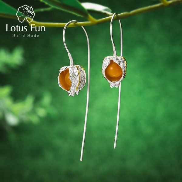 Lotus Fun Real 925 Sterling Silver Natural Stone Handmade Fine Jewelry Creative Design Physalis Fruits Dangle Earrings for Women