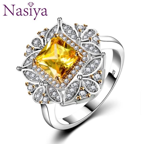 Luxury Square Citrine Rings For Women Genuine 925 Sterling Silver Jewelry With AAA Zircon Wedding Engagement Ring Size 6-10 Hot