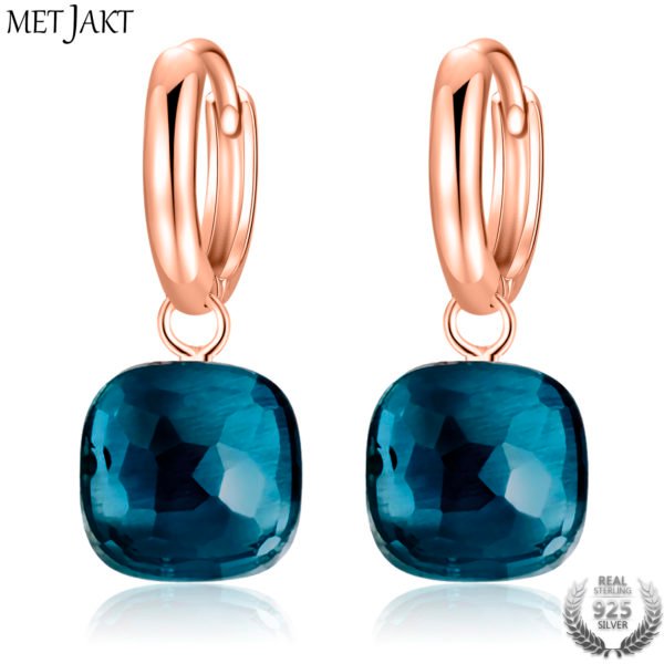 MetJakt Fashion London Blue Topaz Earrings Solid 925 Sterling Silver and Rose Gold Color Earring for Women Gift  Fine Jewelry
