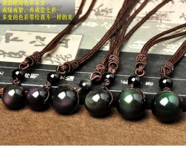 Natural Obsidian Rainbow Eye Transfer Good Luck Bead Pendant Necklace Polyester Rope Chain Necklace Jewelry For Woman - Image 3