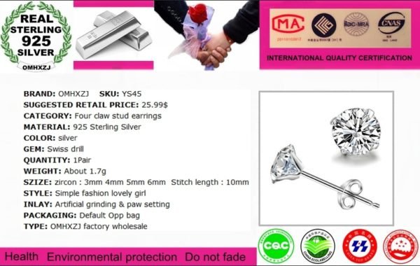 OMHXZJ Wholesale Fashion jewelry Four Claws Contracted Hot Popular Style Zircon AAA Drill 925 Sterling Silver Stud Earrings YS45 - Image 2