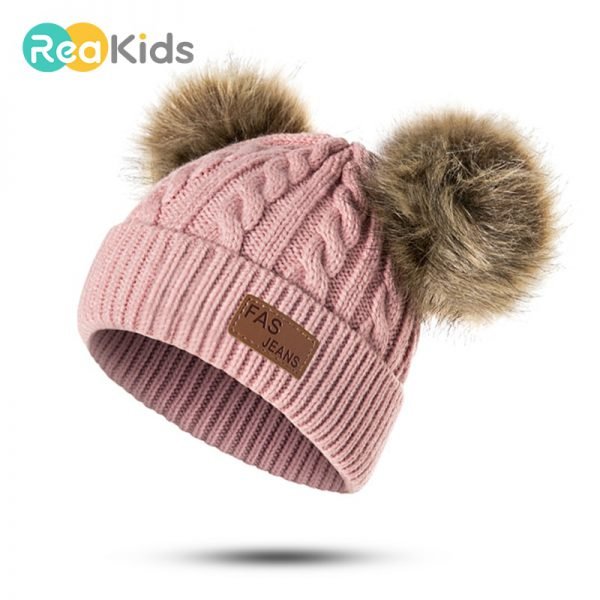 REAKIDS Beanies Baby Hat Pompon Winter Children Hat Knitted Cute Cap For Girls Boys Casual Solid Color Girls Hat Baby Beanies