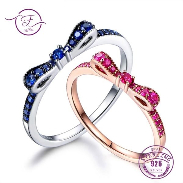 Rings For Women 100% Sterling Silver 925 Fine Jewelry Blue Spinel Sparkling Bow Knot Stackable Korean Style Cute For Girls