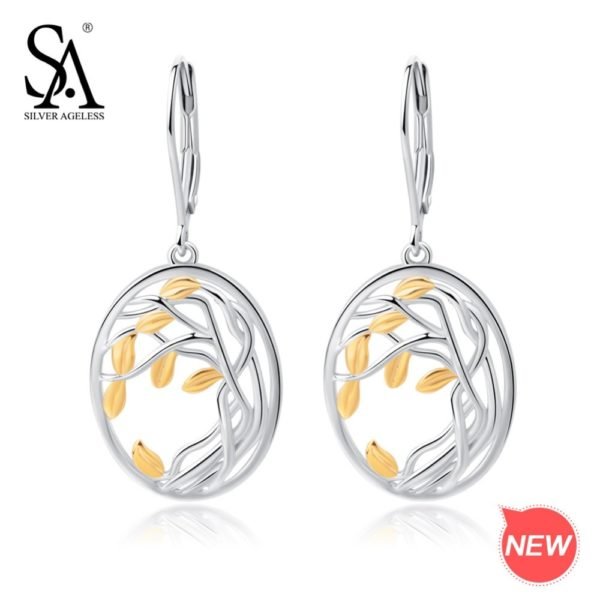 SA SILVERAGE 925 Sterling Silver Tree of Life Drop Earrings for Woman 925 Silver Long Women Earrings Yellow Gold Color Brincos - Image 6