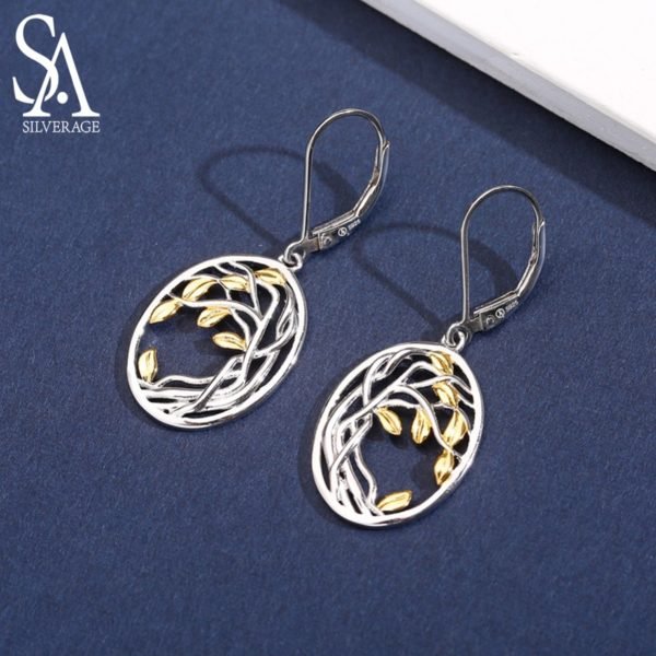 SA SILVERAGE 925 Sterling Silver Tree of Life Drop Earrings for Woman 925 Silver Long Women Earrings Yellow Gold Color Brincos