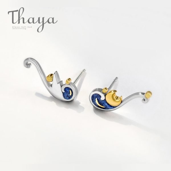 Thaya 925 Silver Earrings Van Gogh's Glitter Gold Moon Star Stud Earrings Bohemian Vintage Enamel Party Jewelry For Women