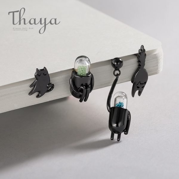 Thaya Fuuny Cat & Pill 925 Sterling Silver Stud Cartoon Animal Jewelry Earring for Women Black-plated Pet Cute Cat Unique